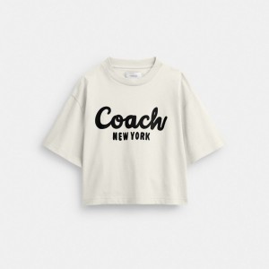 Coach Cursive Signature Cropped T Shirt Creme | COH865992