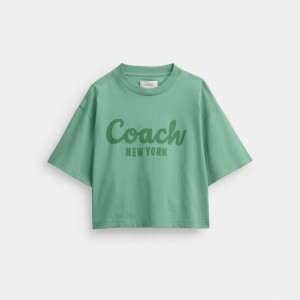 Coach Cursive Signature Cropped T Shirt Verde | COH865994