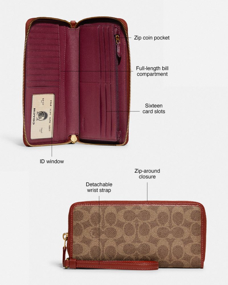 Coach Continental Wallet In Signature Canvas Marrones Rojas | COH865514