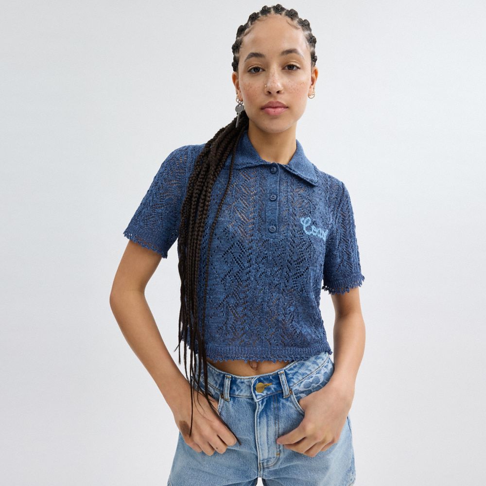 Coach Cropped Knit Polo Top Azul Marino | COH866005