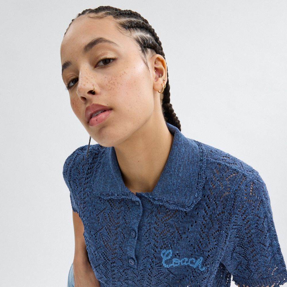 Coach Cropped Knit Polo Top Azul Marino | COH866005