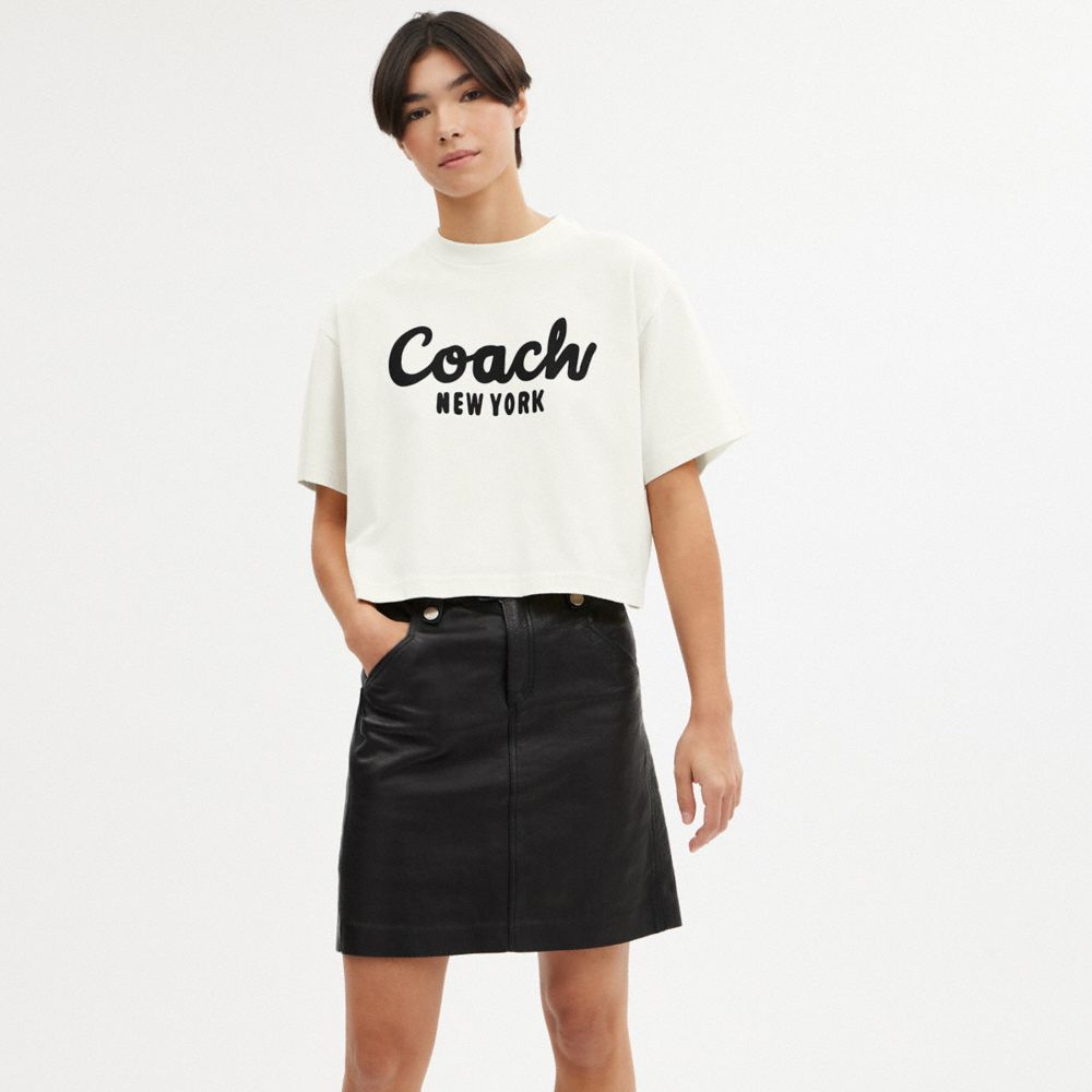 Coach Cursive Signature Cropped T Shirt Creme | COH865992