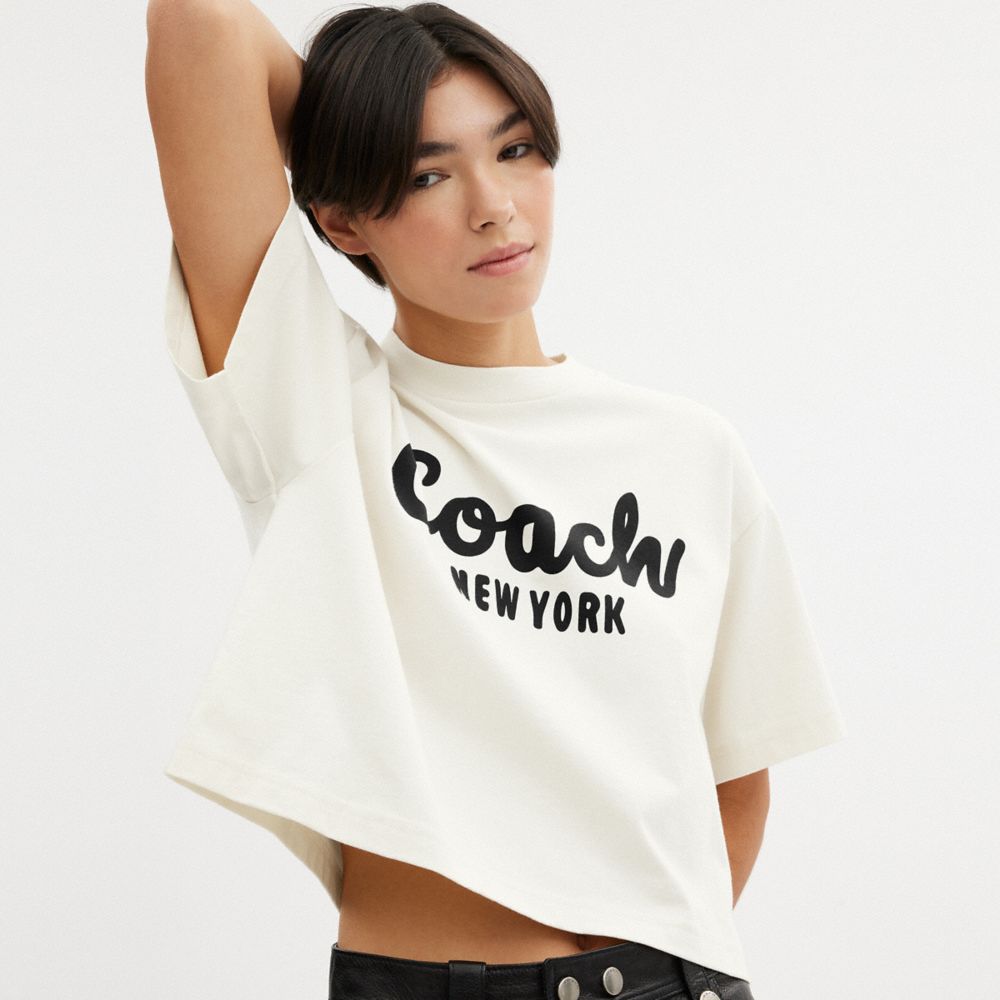 Coach Cursive Signature Cropped T Shirt Creme | COH865992