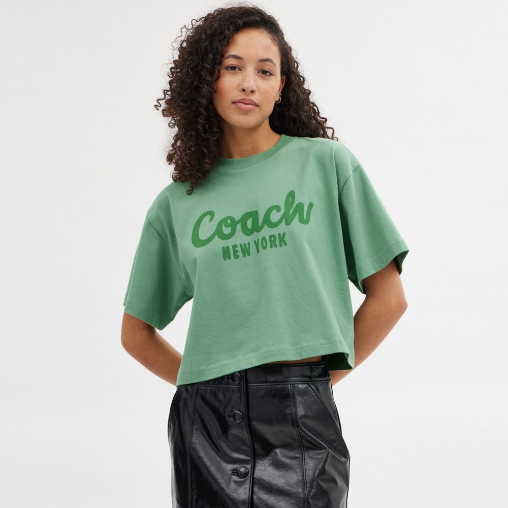 Coach Cursive Signature Cropped T Shirt Verde | COH865994