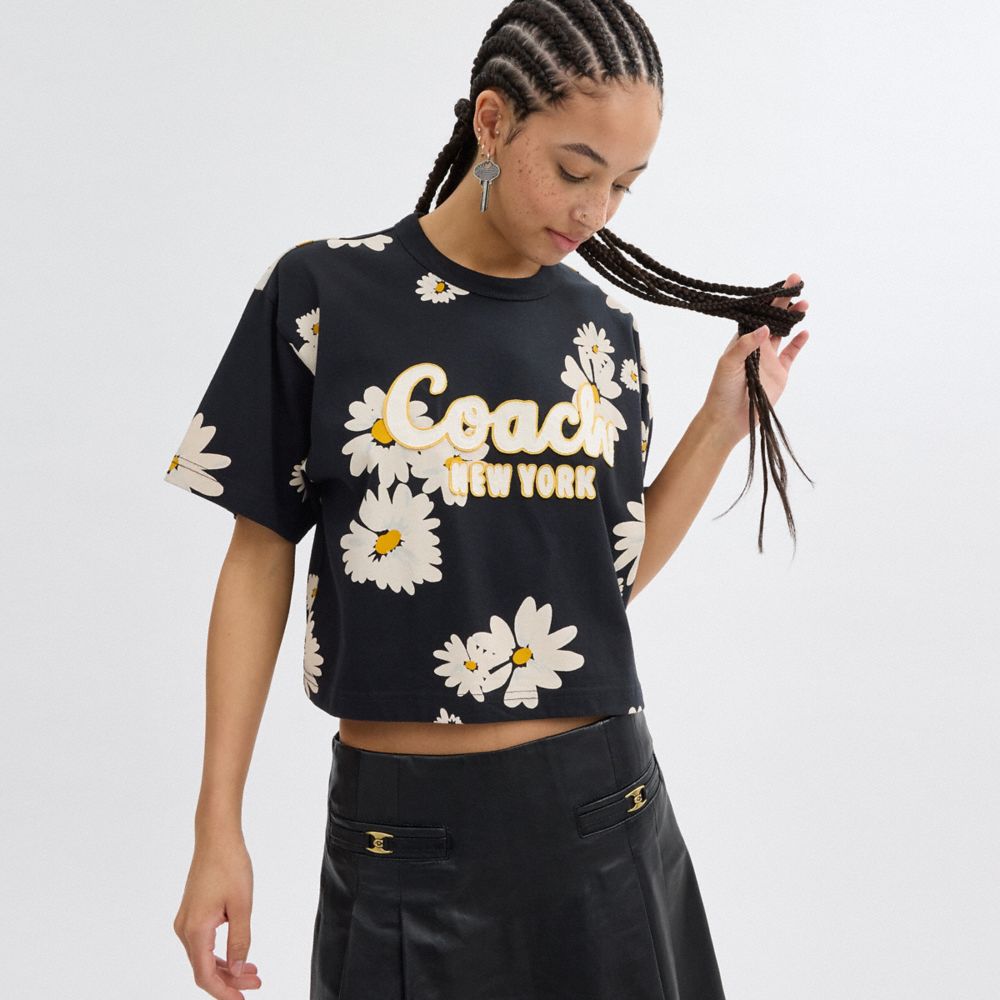 Coach Floral Cropped Signature Script T Shirt In Organic Cotton Negras | COH865998