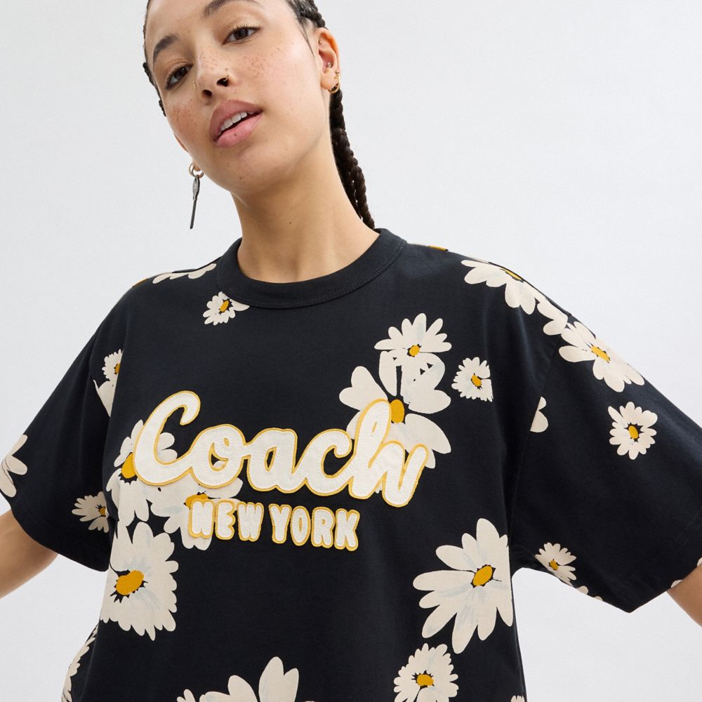 Coach Floral Cropped Signature Script T Shirt In Organic Cotton Negras | COH865998