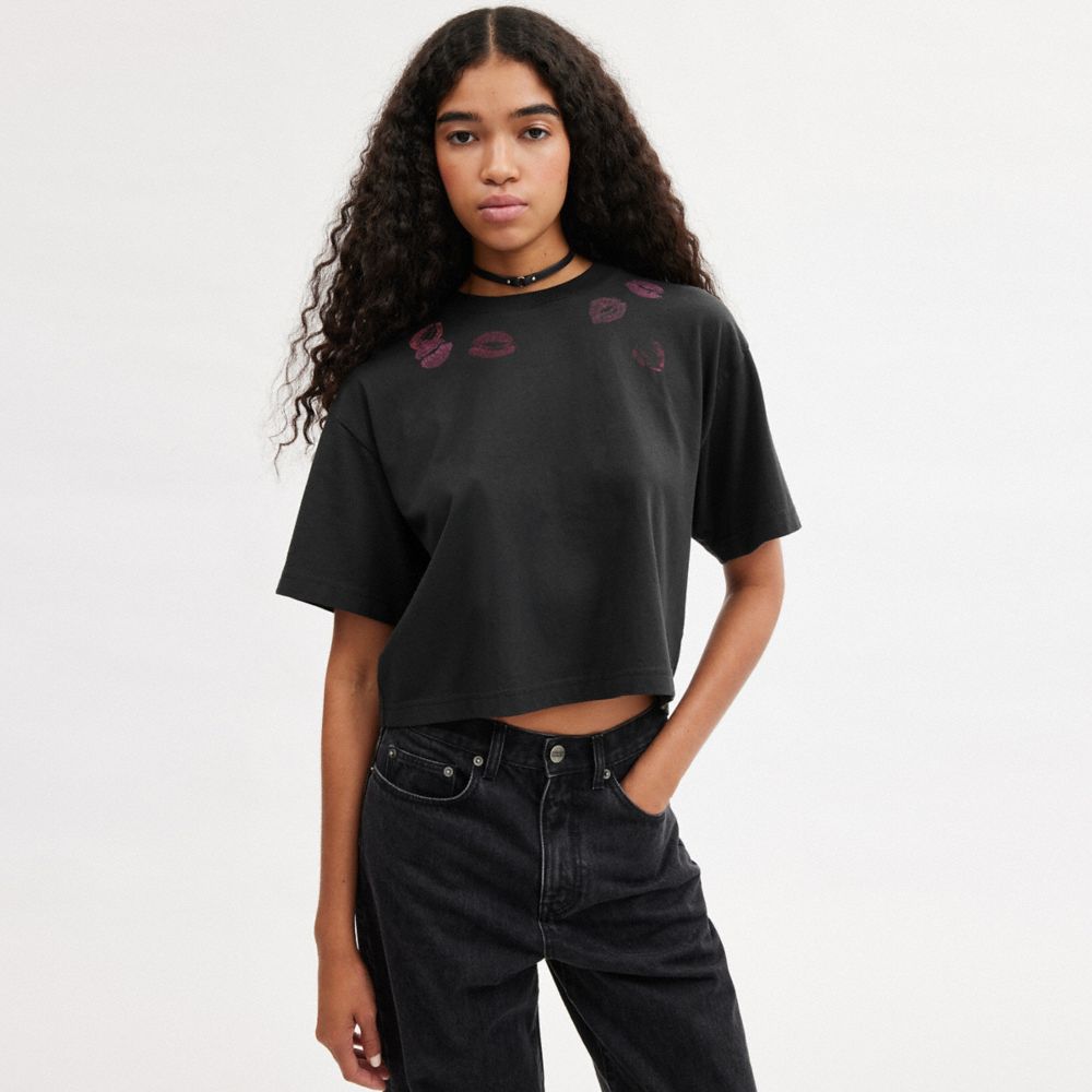 Coach Lip Print Cropped T Shirt Negras | COH865956